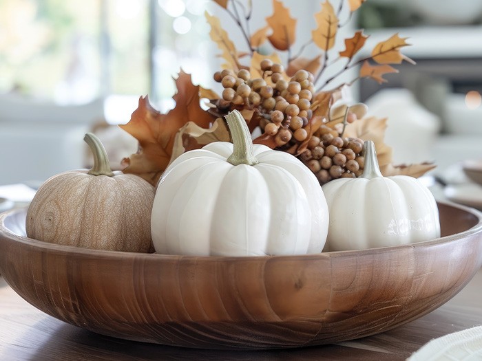 Wooden bowl holding pumpkins and leaves.